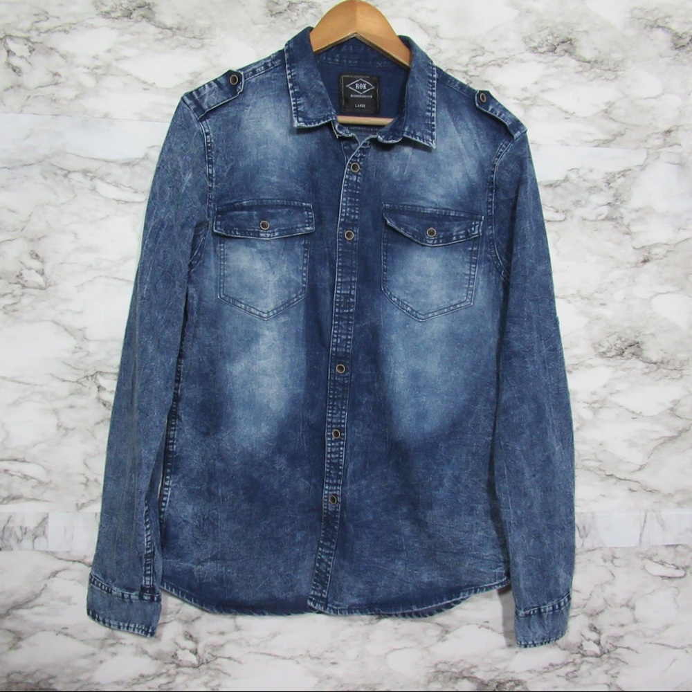 Denim Like Button Down Long Sleeve Shirt Size Large